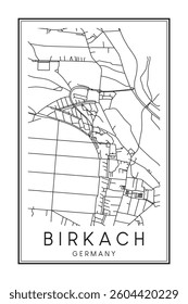 Hand drawn printable downtown road map poster of borough BIRKACH of the German city of STUTTGART on solid white background with city name
