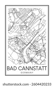Hand drawn printable downtown road map poster of borough BAD CANNSTATT of the German city of STUTTGART on solid white background with city name