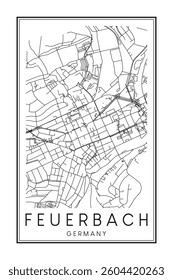 Hand drawn printable downtown road map poster of borough FEUERBACH of the German city of STUTTGART on solid white background with city name