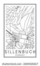 Hand drawn printable downtown road map poster of borough SILLENBUCH of the German city of STUTTGART on solid white background with city name