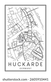 Hand drawn printable downtown road map poster of borough HUCKARDE of the German city of DORTMUND on solid white background with city name