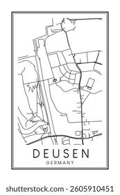 Hand drawn printable downtown road map poster of borough DEUSEN of the German city of DORTMUND on solid white background with city name