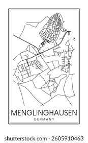 Hand drawn printable downtown road map poster of borough MENGLINGHAUSEN of the German city of DORTMUND on solid white background with city name