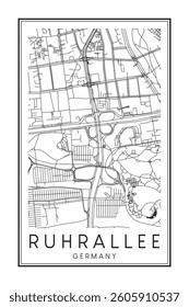 Hand drawn printable downtown road map poster of borough RUHRALLEE of the German city of DORTMUND on solid white background with city name
