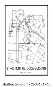 Hand drawn printable downtown road map poster of borough STADTMITTE of the German city of DÜSSELDORF on solid white background with city name
