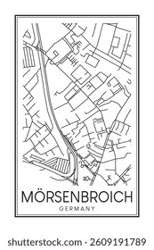 Hand drawn printable downtown road map poster of borough MÖRSENBROICH of the German city of DÜSSELDORF on solid white background with city name