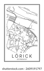 Hand drawn printable downtown road map poster of borough LÖRICK of the German city of DÜSSELDORF on solid white background with city name