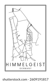 Hand drawn printable downtown road map poster of borough HIMMELGEIST of the German city of DÜSSELDORF on solid white background with city name