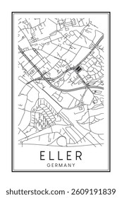 Hand drawn printable downtown road map poster of borough ELLER of the German city of DÜSSELDORF on solid white background with city name