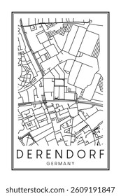 Hand drawn printable downtown road map poster of borough DERENDORF of the German city of DÜSSELDORF on solid white background with city name