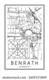 Hand drawn printable downtown road map poster of borough BENRATH of the German city of DÜSSELDORF on solid white background with city name