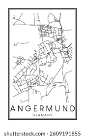 Hand drawn printable downtown road map poster of borough ANGERMUND of the German city of DÜSSELDORF on solid white background with city name