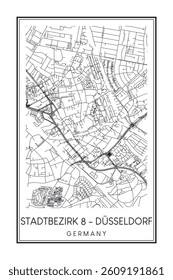 Hand drawn printable downtown road map poster of borough STADTBEZIRK 8 of the German city of DÜSSELDORF on solid white background with city name