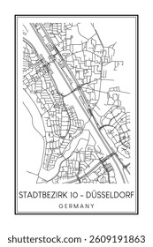 Hand drawn printable downtown road map poster of borough STADTBEZIRK 10 of the German city of DÜSSELDORF on solid white background with city name