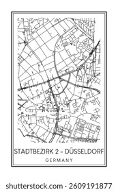 Hand drawn printable downtown road map poster of borough STADTBEZIRK 2 of the German city of DÜSSELDORF on solid white background with city name