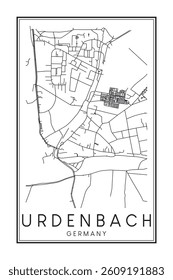 Hand drawn printable downtown road map poster of borough URDENBACH of the German city of DÜSSELDORF on solid white background with city name