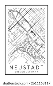 Hand drawn printable downtown road map poster of borough NEUSTADT of the German city of BREMEN on solid white background with city name
