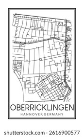 Hand drawn printable downtown road map poster of borough OBERRICKLINGEN of the German city of HANOVER on solid white background with city name