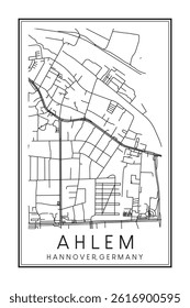 Hand drawn printable downtown road map poster of borough AHLEM of the German city of HANOVER on solid white background with city name