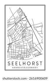 Hand drawn printable downtown road map poster of borough SEELHORST of the German city of HANOVER on solid white background with city name