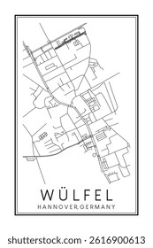 Hand drawn printable downtown road map poster of borough WÜLFEL of the German city of HANOVER on solid white background with city name