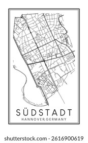 Hand drawn printable downtown road map poster of borough SÜDSTADT of the German city of HANOVER on solid white background with city name