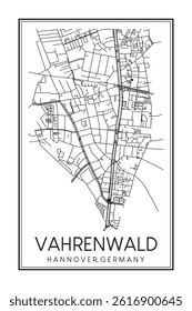 Hand drawn printable downtown road map poster of borough VAHRENWALD of the German city of HANOVER on solid white background with city name