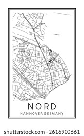 Hand drawn printable downtown road map poster of borough NORD of the German city of HANOVER on solid white background with city name