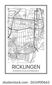 Hand drawn printable downtown road map poster of borough RICKLINGEN of the German city of HANOVER on solid white background with city name