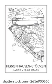 Hand drawn printable downtown road map poster of borough HERRENHAUSEN-STÖCKEN of the German city of HANOVER on solid white background with city name