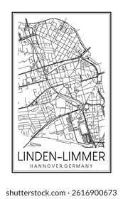 Hand drawn printable downtown road map poster of borough LINDEN-LIMMER of the German city of HANOVER on solid white background with city name