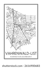 Hand drawn printable downtown road map poster of borough VAHRENWALD-LIST of the German city of HANOVER on solid white background with city name