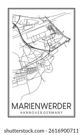 Hand drawn printable downtown road map poster of borough MARIENWERDER of the German city of HANOVER on solid white background with city name