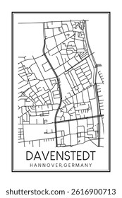 Hand drawn printable downtown road map poster of borough DAVENSTEDT of the German city of HANOVER on solid white background with city name