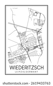 Dibujado a mano imprimible mapa de la carretera del centro cartel de la ciudad WIEDERITZSCH de la ciudad alemana de LEIPZIG sobre fondo blanco sólido con el nombre de la ciudad