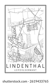 Cartaz desenhado à mão do mapa de estrada do centro de impressão do bairro LINDENTHAL da cidade alemã de LEIPZIG no fundo branco sólido com o nome da cidade