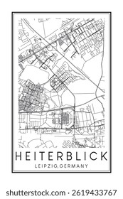Hand drawn printable downtown road map poster of borough HEITERBLICK of the German city of LEIPZIG on solid white background with city name