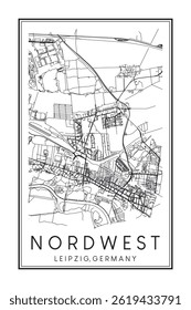 Hand drawn printable downtown road map poster of borough NORDWEST of the German city of LEIPZIG on solid white background with city name