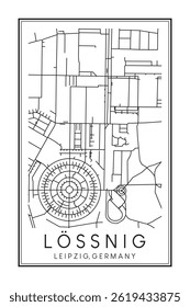 Hand drawn printable downtown road map poster of borough LÖSSNIG of the German city of LEIPZIG on solid white background with city name