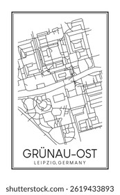 Hand drawn printable downtown road map poster of borough GRÜNAU-OST of the German city of LEIPZIG on solid white background with city name