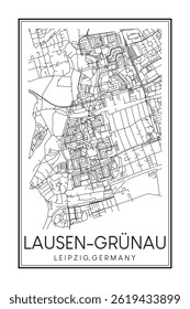 Hand drawn printable downtown road map poster of borough LAUSEN-GRÜNAU of the German city of LEIPZIG on solid white background with city name