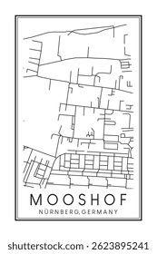 Hand drawn printable downtown road map poster of borough MOOSHOF of the German city of NUREMBERG on solid white background with city name