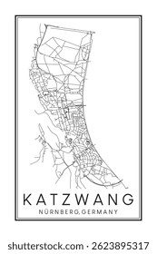 Hand drawn printable downtown road map poster of borough KATZWANG of the German city of NUREMBERG on solid white background with city name