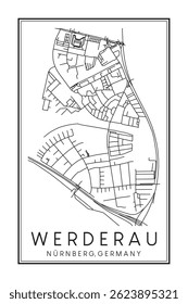 Hand drawn printable downtown road map poster of borough WERDERAU of the German city of NUREMBERG on solid white background with city name