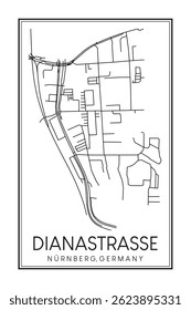 Hand drawn printable downtown road map poster of borough DIANASTRASSE of the German city of NUREMBERG on solid white background with city name