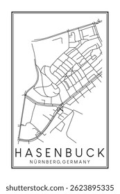 Hand drawn printable downtown road map poster of borough HASENBUCK of the German city of NUREMBERG on solid white background with city name