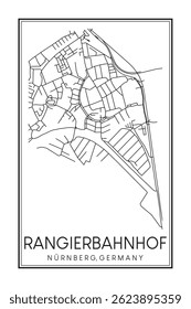 Hand drawn printable downtown road map poster of borough RANGIERBAHNHOF of the German city of NUREMBERG on solid white background with city name
