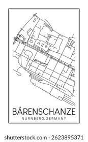 Hand drawn printable downtown road map poster of borough BÄRENSCHANZE of the German city of NUREMBERG on solid white background with city name