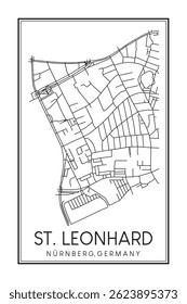 Hand drawn printable downtown road map poster of borough ST. LEONHARD of the German city of NUREMBERG on solid white background with city name