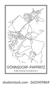 Hand drawn printable downtown road map poster of borough GÖNNSDORF-PAPPRITZ of the German city of DRESDEN on solid white background with city name
